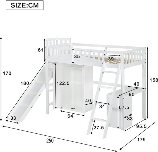 Lit mezzanine Sweiko - 90x200 cm - avec table + armoire + toboggan - Pin + MDF - Wit