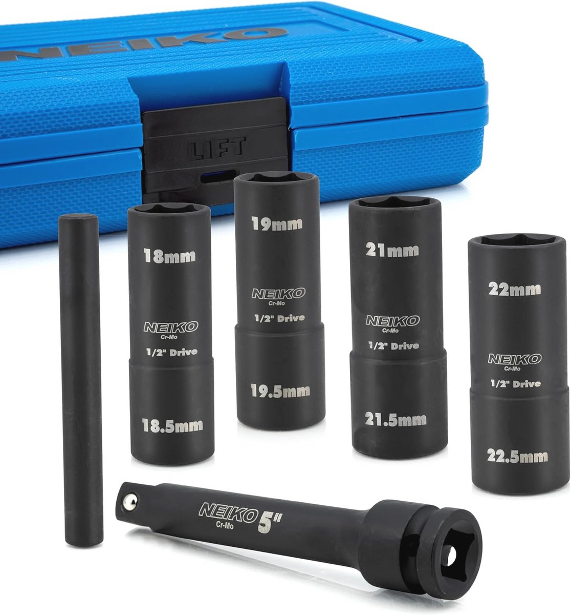 Wielmoer Dopsleutelset 1/2 inch - Dunne Wand, Metrisch - 8 Maten - Inclusief Verlengstang en Knockout Bar