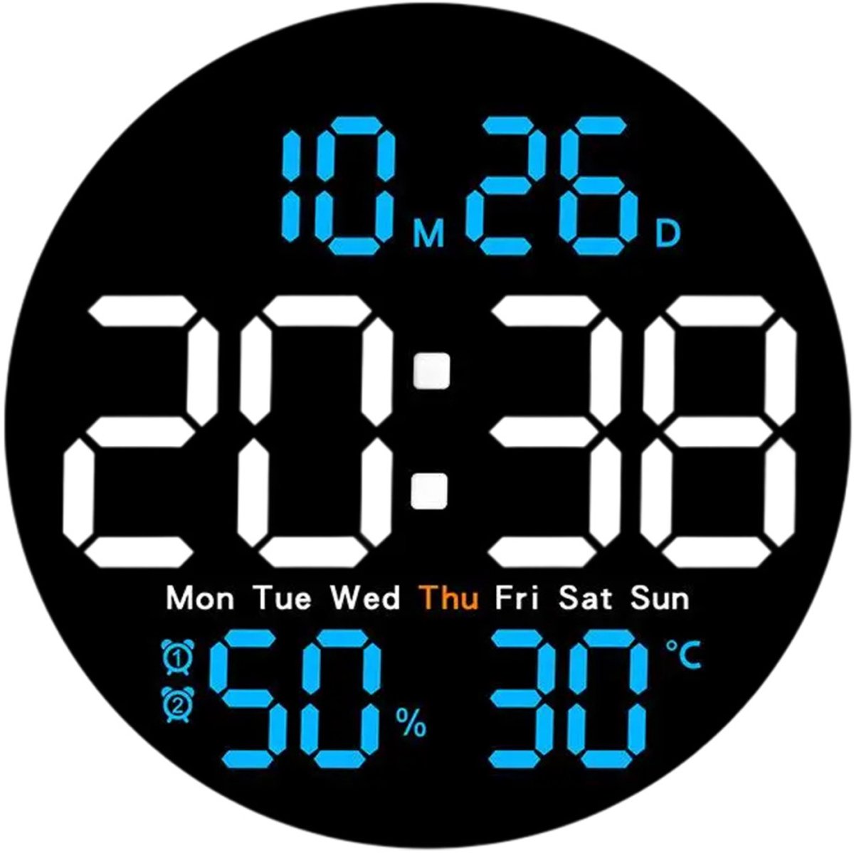 longziming -LED Digitale Wandklok – 25 cm Rond– Innovatief– Praktisch– Helder Verlicht– Automatische Helderheid–Geheugenfunctie–Blauw