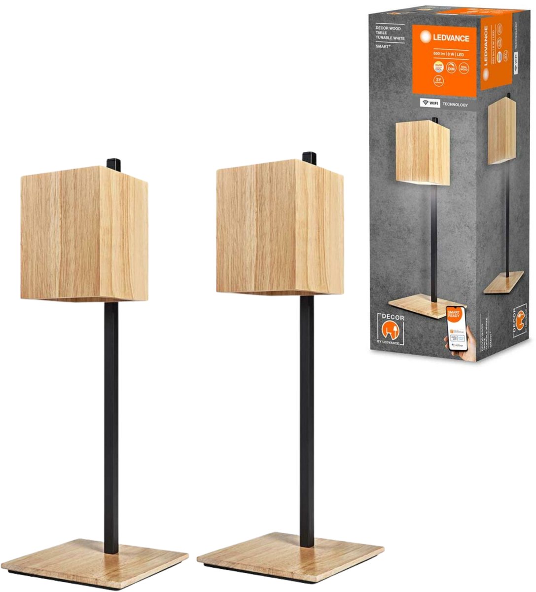 2x Smart Oplaadbare LED Tafellamp hout - Draadloos op accu - 45 cm