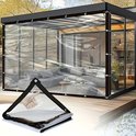 Transparante omheining voor glazen structuur met zitgedeelte, opgevouwen zeildoek met duim omhoog.