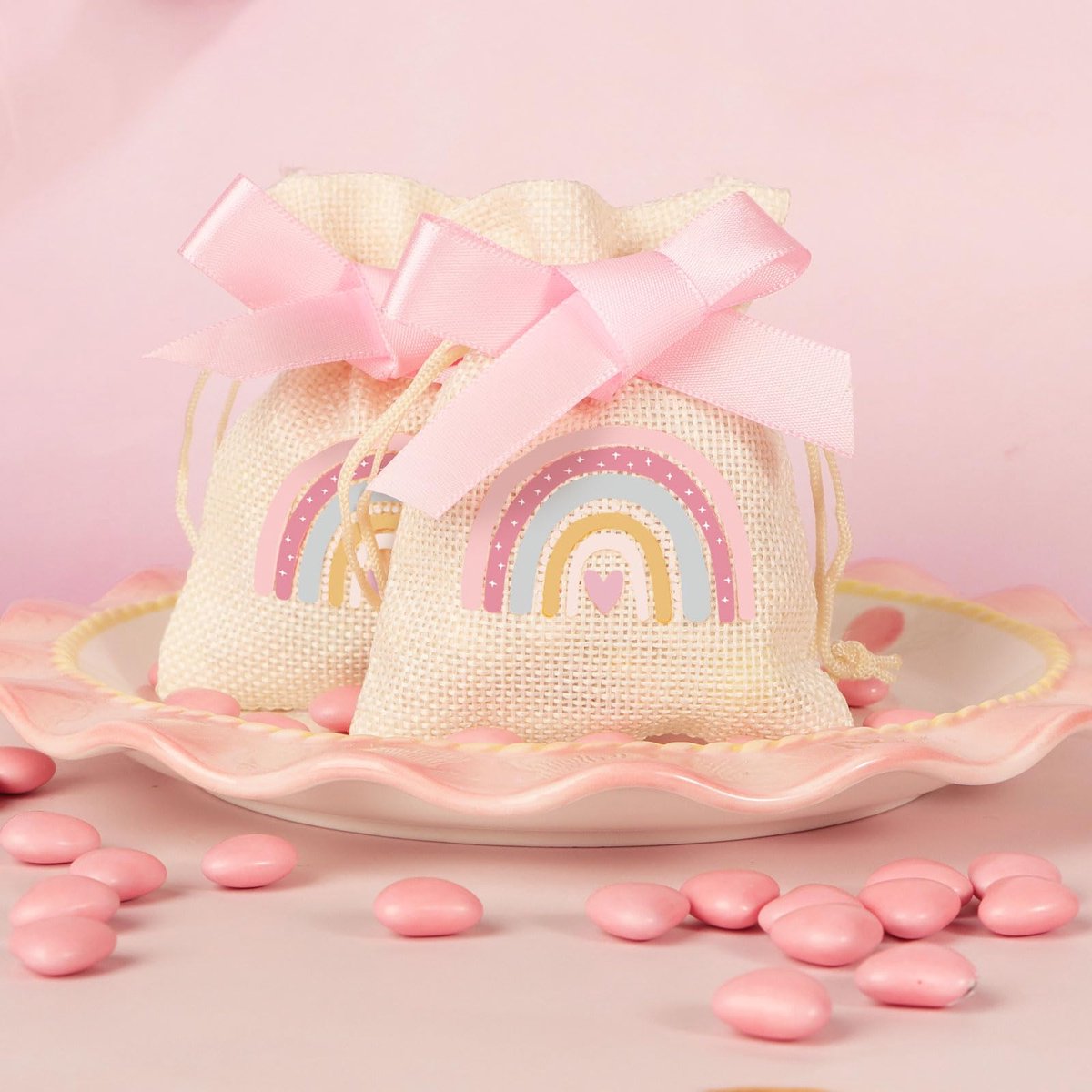 Hangende snoepzakken voor doop, geboorte, eerste verjaardag, gastcadeaus voor meisjes, regenboog boho roze decoratie, communie, bevestiging, feest, meisjes, verpakking van 20