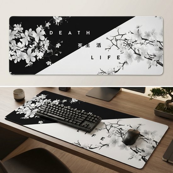 XXL Gaming Muismat - 80x30 cm - Antislip - Topografische kaarten - groot - Death and Life Design - Zwart/Wit