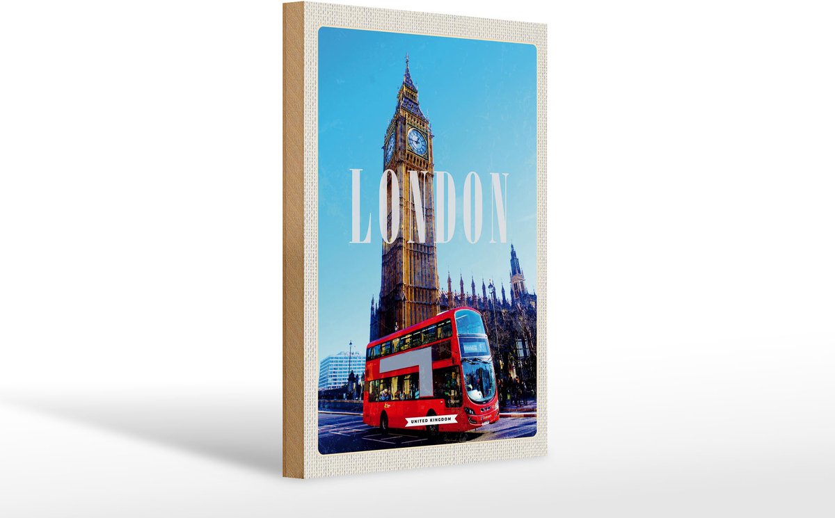Femer Holzschild Reise 20x30cm London red Bus roter Bus Big Ben Rood