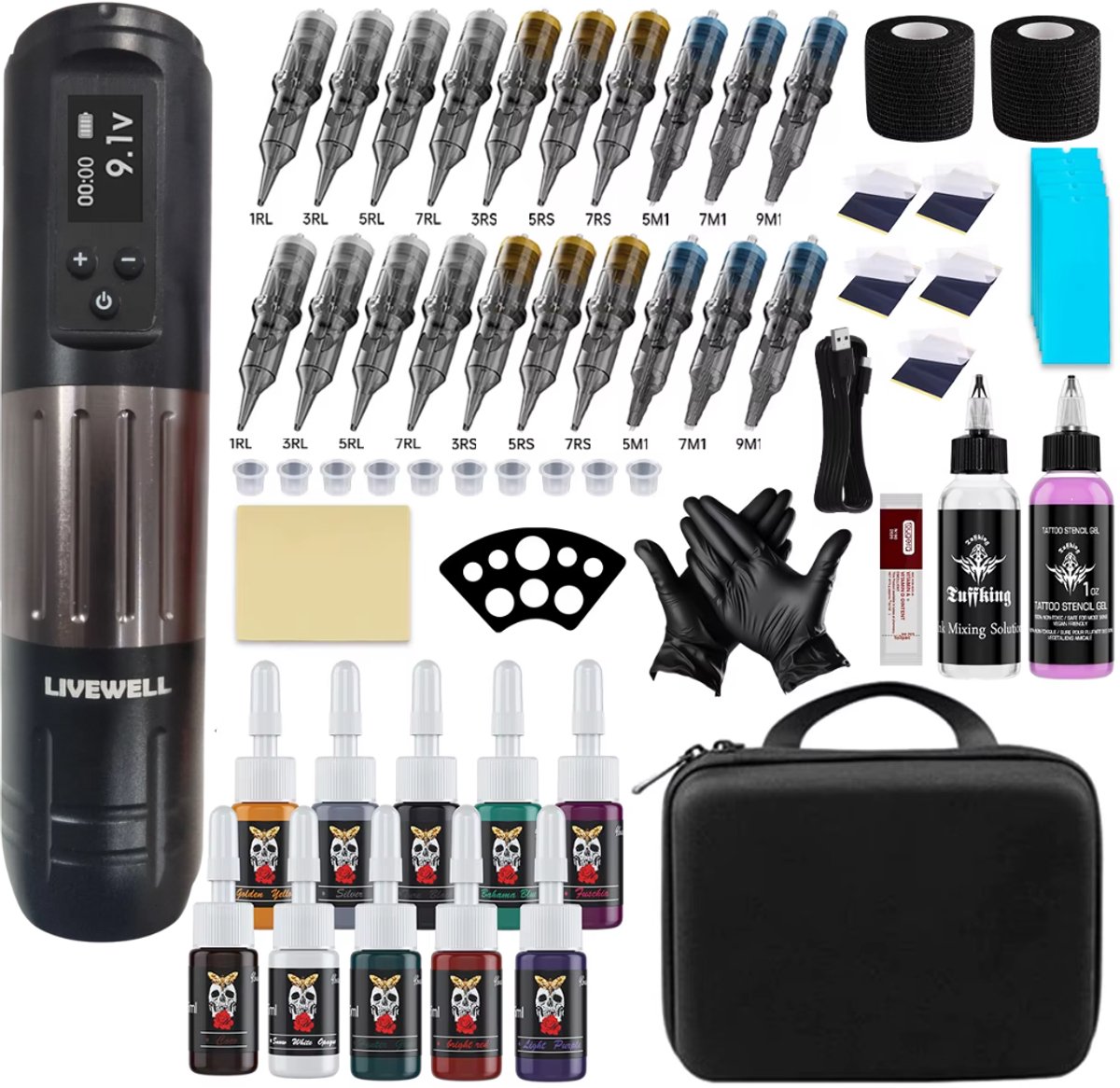 Livewell® XXL Tattoo Machine Draadloos Starter Set – Complete Tattoo Pen Kit met 10 Kleuren Inkt, 20 Naalden, Cartridges & PMU Apparaat – Tattoo Gun voor Beginner - Zwart - Tattoo Machines