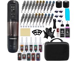 Livewell® XXL Tattoo Machine Draadloos Starter Set – Complete Tattoo Pen Kit met 10 Kleuren Inkt, 20 Naalden, Cartridges & PMU Apparaat – Tattoo Gun voor Beginner - Zwart - Tattoo Machines