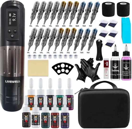 Livewell tattoo pen set met zwarte pen, 20 cartridges, 10 kleuren inkt, handschoenen, verband en opbergkoffer.