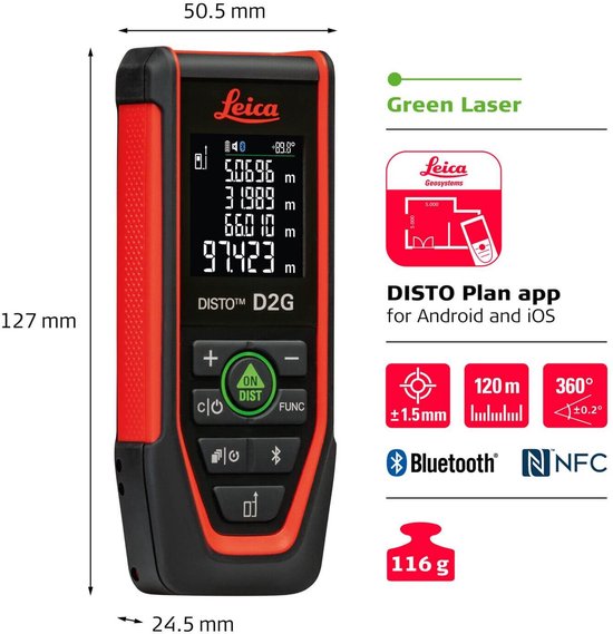Leica DISTO D2 G - Groene Laser Afstandsmeter 120m, 1.5mm, bluetooth en ...