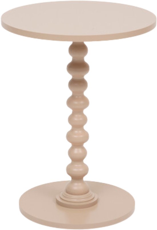 Beige ronde tafel met een poot bestaande uit gestapelde bollen.