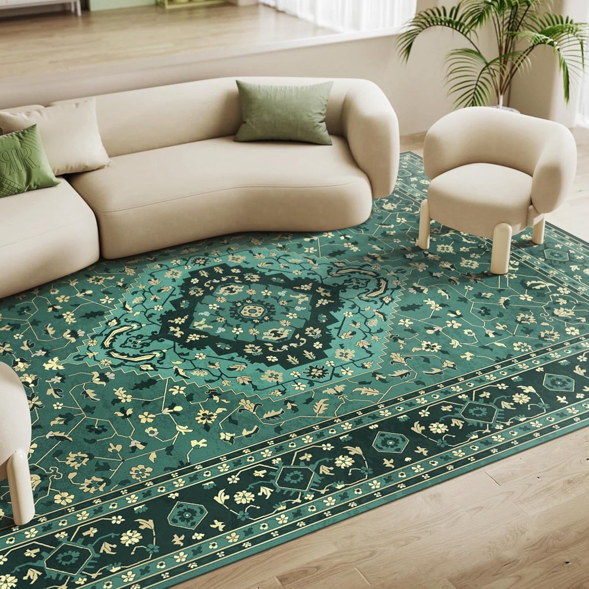 Vloerkleden voor woonkamer, slaapkamer, vintage tapijt, wasbaar, laagpolig tapijt, antislip onderkant, wollig, zacht, oosters tapijt, maat: 150 x 210 cm, kleur: vintage groen