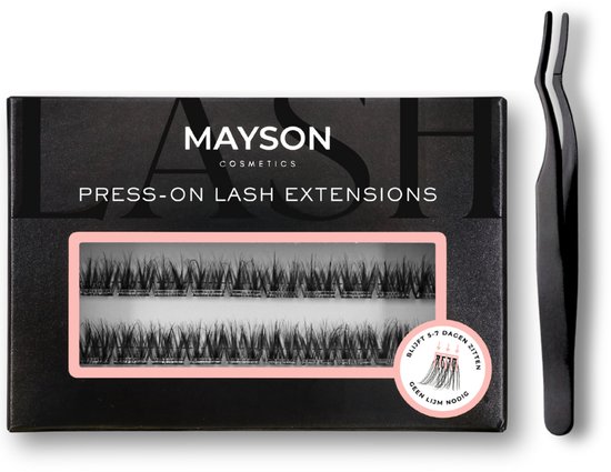 Pak MAYSON Press-On Lash Extensions met een applicatorpincet. De verpakking geeft aan 'Blijft 5-7 dagen zitten' en 'Geen lijm nodig'.