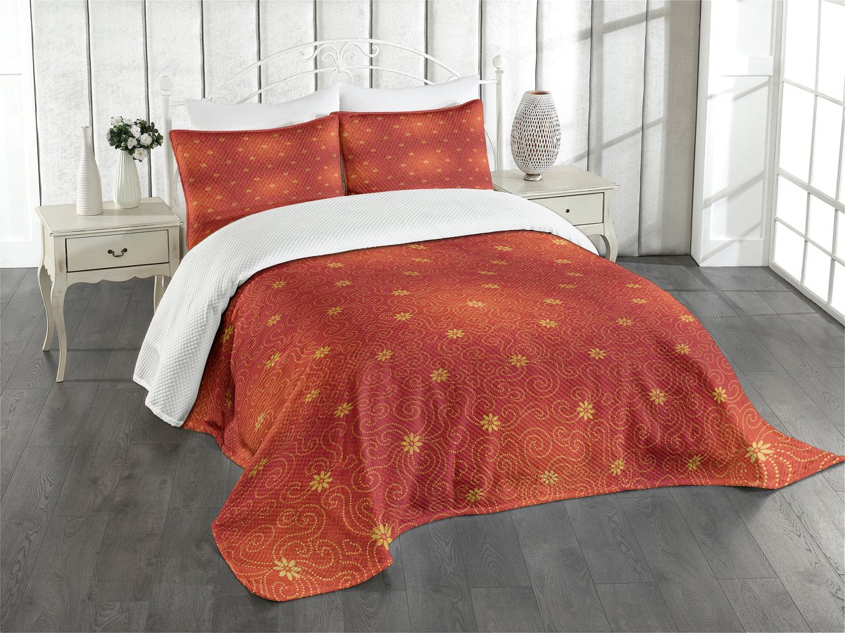 ABAKUHAUS Bloemen Sprei Set – Paprika en Mosterd, 264x220 cm, 3-delig
