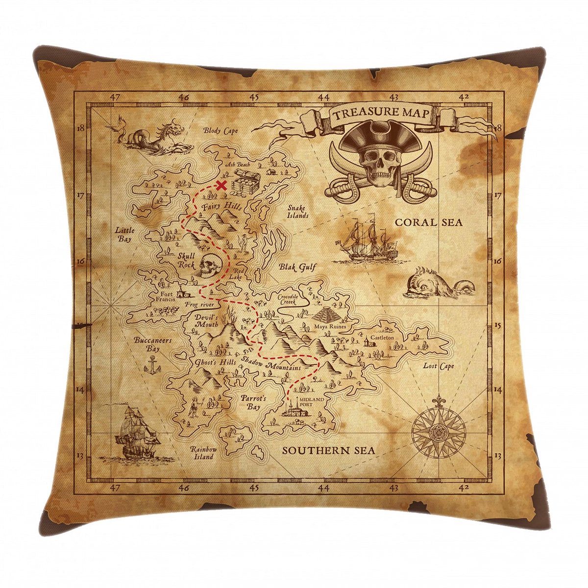 ABAKUHAUS Eilandkaart Kussenhoes – Dubbelzijdig bedrukt – 60x60 cm – Beige-bruin Beige Braun