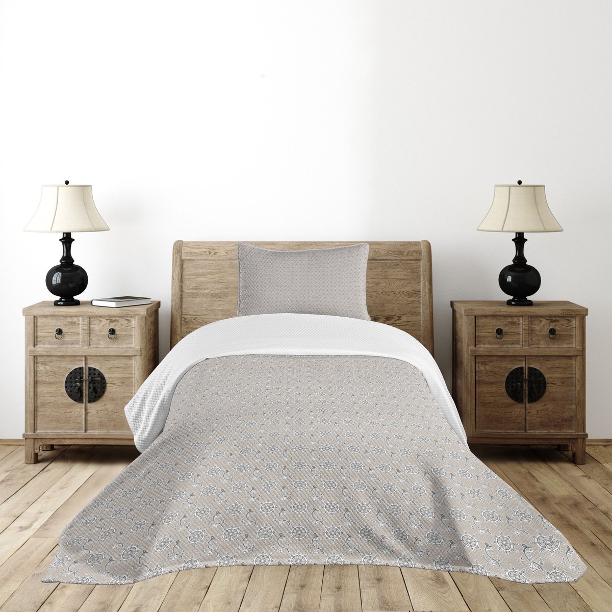 ABAKUHAUS Nautische Dagdeken Set – Anker & Rad – 2-delig met kussenhoes – Pale Sepia & Wit