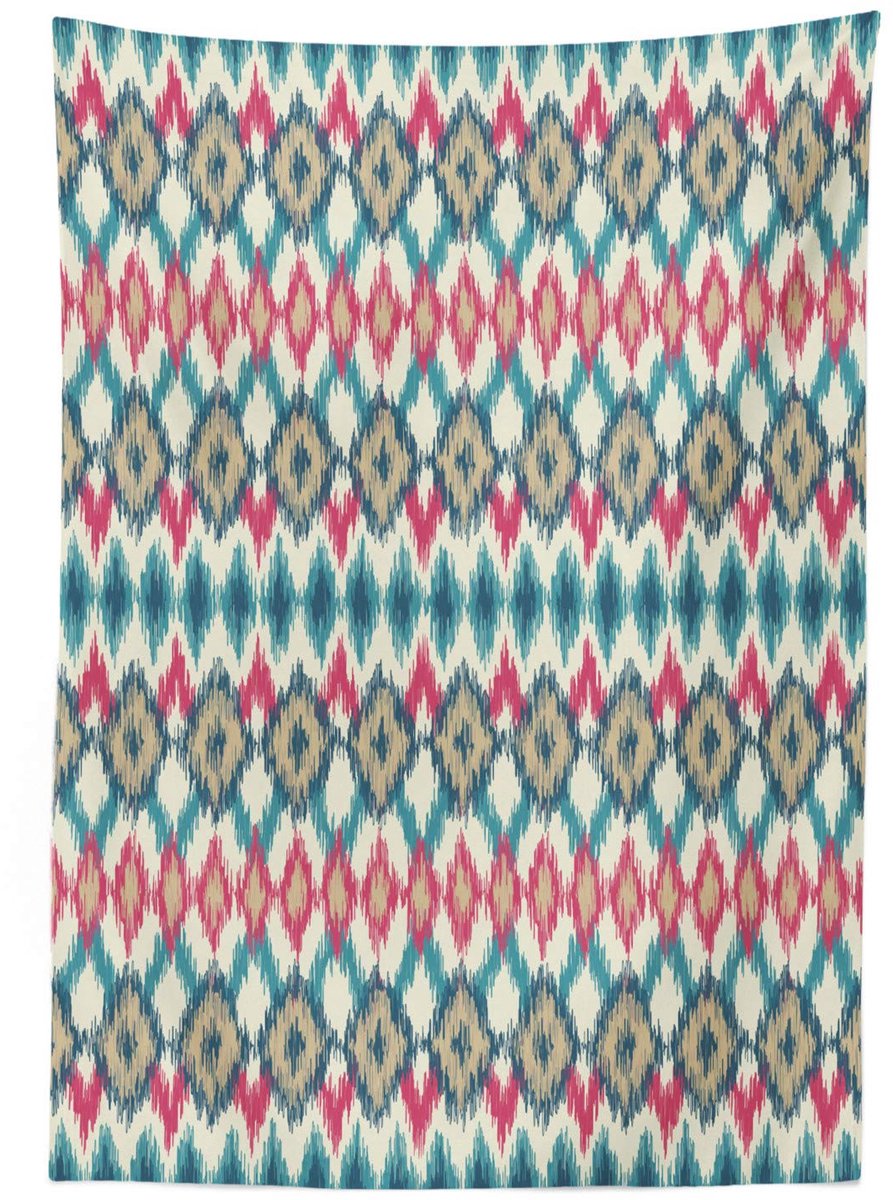 ABAKUHAUS Tafelkleed – 140x240 cm – Crème/Teal/Rood – Handgemaakt