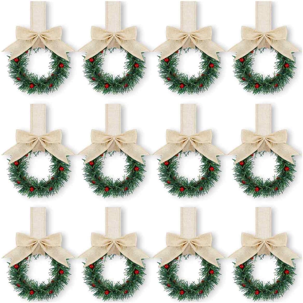 QTTVBTNA - 12 Stuks Mini Kerstkransjes met Lint - Boerenstijl Keuken Decoratie - Met Bessen voor op Kast en Raam - Feestelijke Kerst Accessoires voor Sinterklaas en Kerstmis