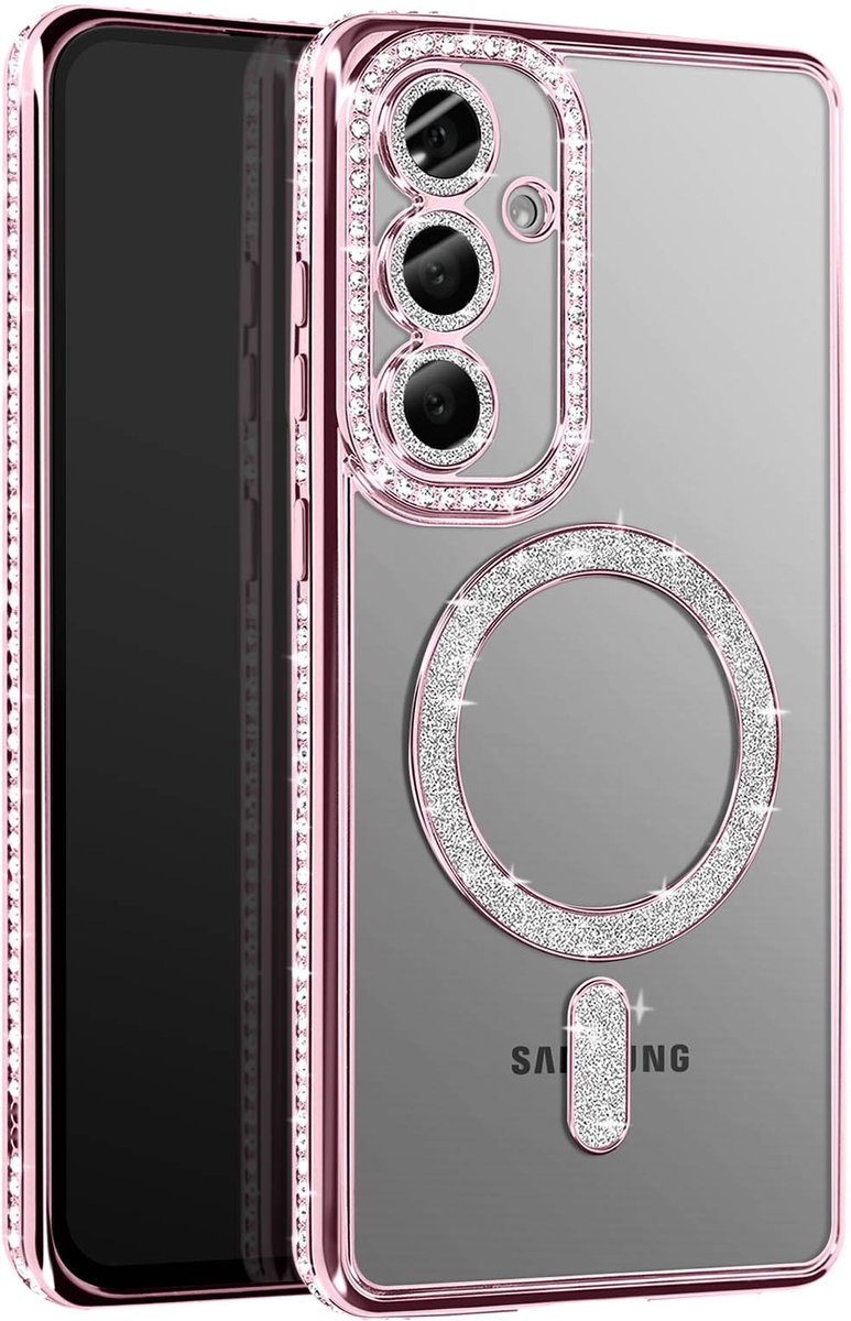 Avizar Diamond hoesje Geschikt voor Samsung Galaxy S25 MagSafe Omtrek Strass, Roze