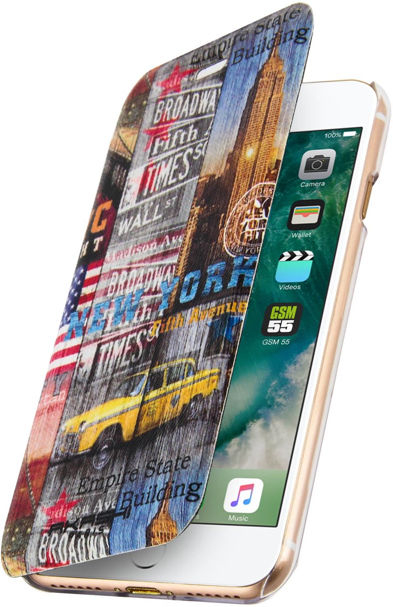 Akashi, Portemonneehoesje New York Sunset Geschikt voor Apple iPhone 7 en Geschikt voor Apple iPhone 8 - Kaarthouder, USA vlag