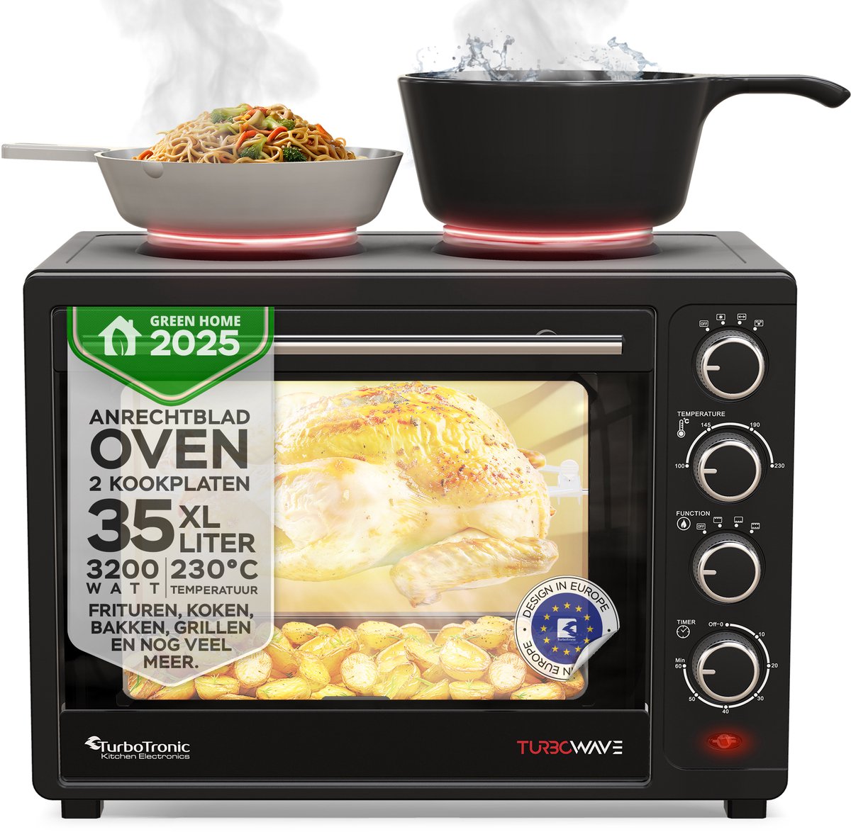 TurboTronic EV35TS Vrijstaande oven 35L - Mini oven - Elektrische Oven - Zwart