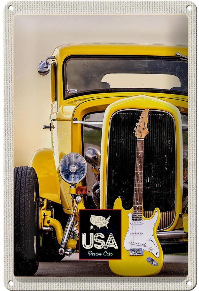 Blechschild Reise 20x30cm Amerika Oldtimer gelb Auto Gitarre