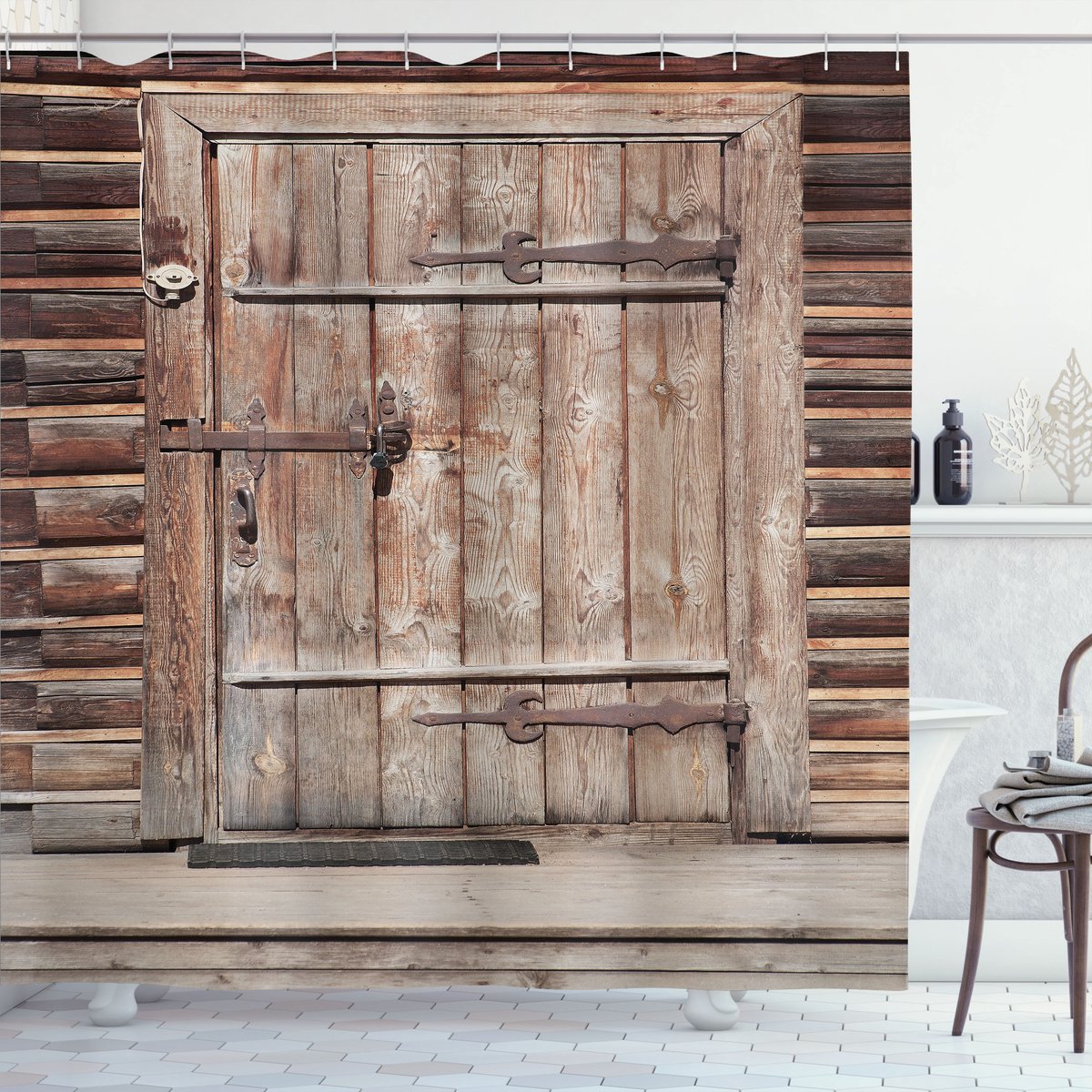 ABAKUHAUS douchegordijn – Rustieke Blokhut – 175×220 cm – Bruin