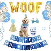 Verjaardags set WOOF voor de hond 6 delig Blauw - Verjaardagsset voor de hond Blauw - Hond Verjaardag Feestartikelen - Huisdier Feestdecoratie - Hond Poot Print Ballonnen - Verjaardagslinger -Feesthoedje voor Hond Verjaardag - Verjaardagsbandana
