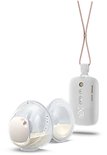Tire-lait électrique mains libres double Philips Avent. Unité moteur blanche suspendue à un cordon rose, avec 2 x tasses de pompage transparentes.