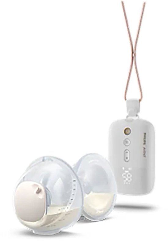 Tire-lait électrique mains libres double Philips Avent. Unité moteur blanche suspendue à un cordon rose, avec 2 x tasses de pompage transparentes.
