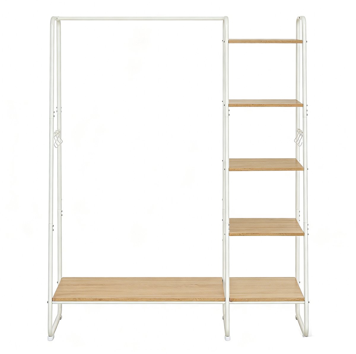 Kledingrek 45 x 120 x 160cm centimeter Wit+naturel Kapstok Multifunctioneel Opbergrek Met 5 opbergplanken 6 zijhaken en kledingstang Stevig metalen frame Stijlvol en modern ontwerp Geschikt voor slaapkamer woonkamer en werkruimte