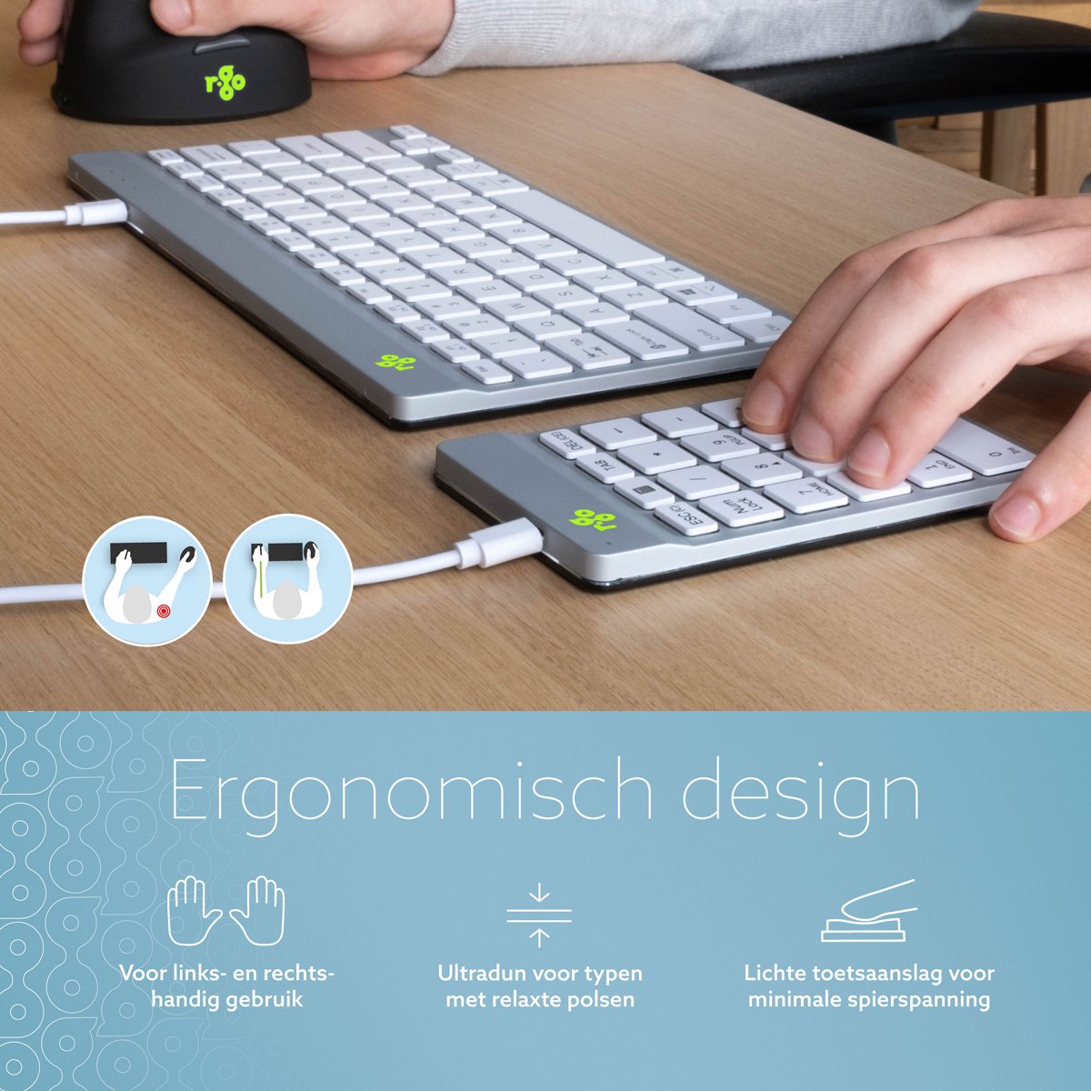 R-Go Numpad - Ergonomisch numeriek toetsenbord - Break software - USB - Wit thumbnail 2
