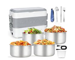200W Verwarmde Elektrische Lunchbox - Thermische Dubbelwandige Lunchbox 2.4L - Met 4 RVS Binnentanks En Bestekset - Draagbare Voedselwarmer En Opbergtas - Meal Prep Bakje Snackbox En Vershouddoos - Ideaal Voor Werk Auto Kantoor Thuis En Onderweg