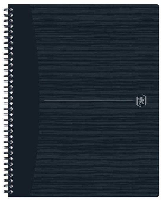 Carnet noir A4+ à spirale, ligné horizontalement avec un logo gris.