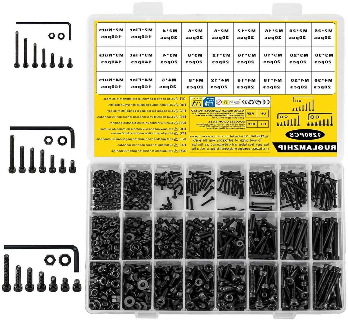 Provento - Schroeven Set | M2 M3 M4 | Cilinderkopbouten, Inbusschroeven, Machinebouten, Moeren | Zwart met Ringetjes | 1260-delig