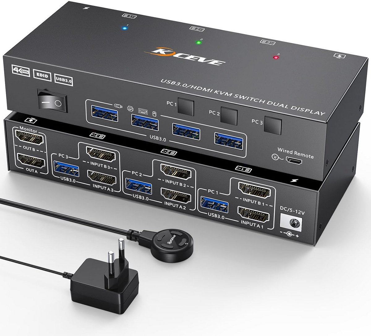 HDMI KVM Switch 2 Monitoren Delen 3 Computers 4K @60Hz met 4 USB 3.0 Poorten en EDID Simulatoren