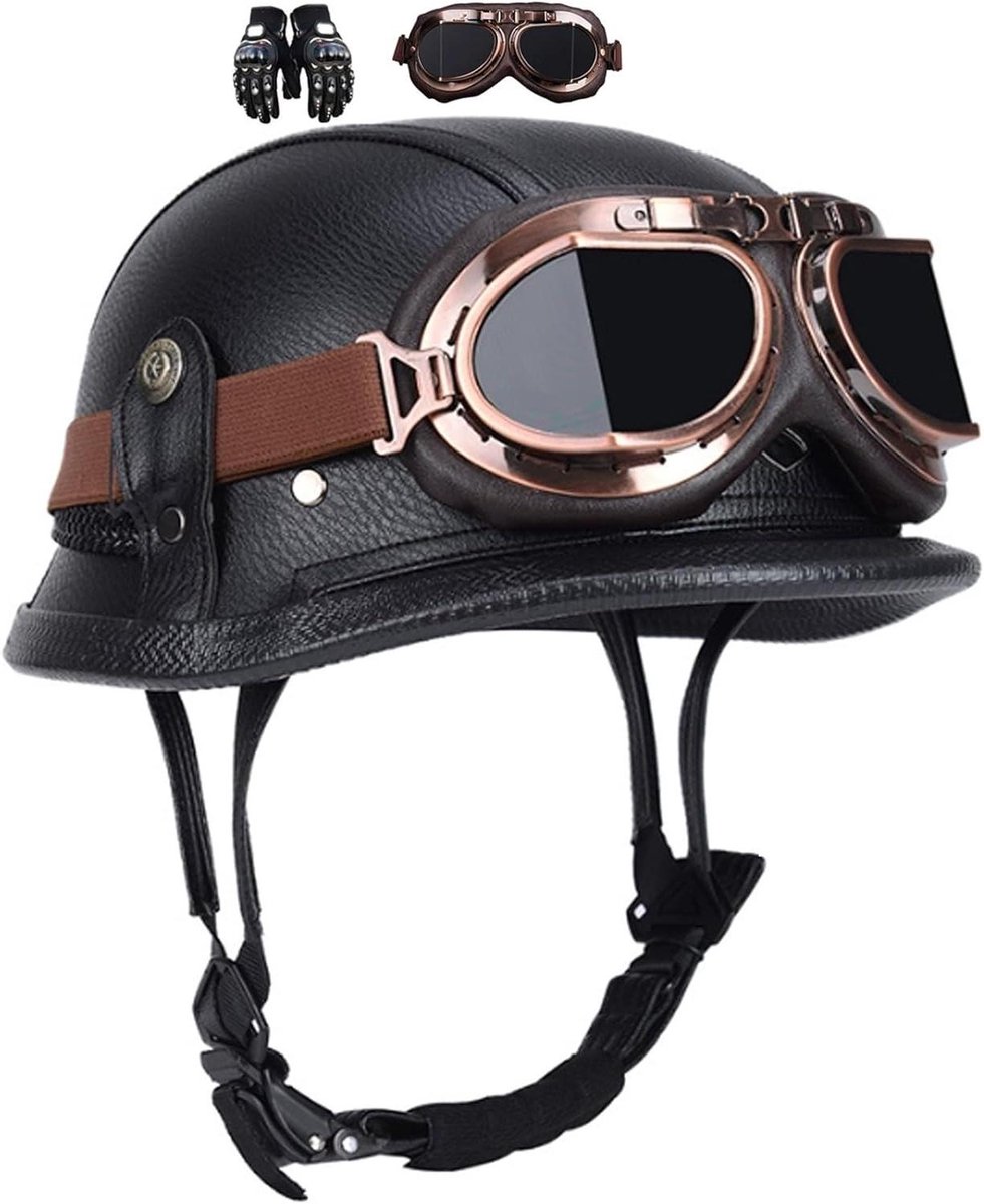 Provento - Retro vintage motorhelm met handschoenen en bril voor motorfiets en scooter