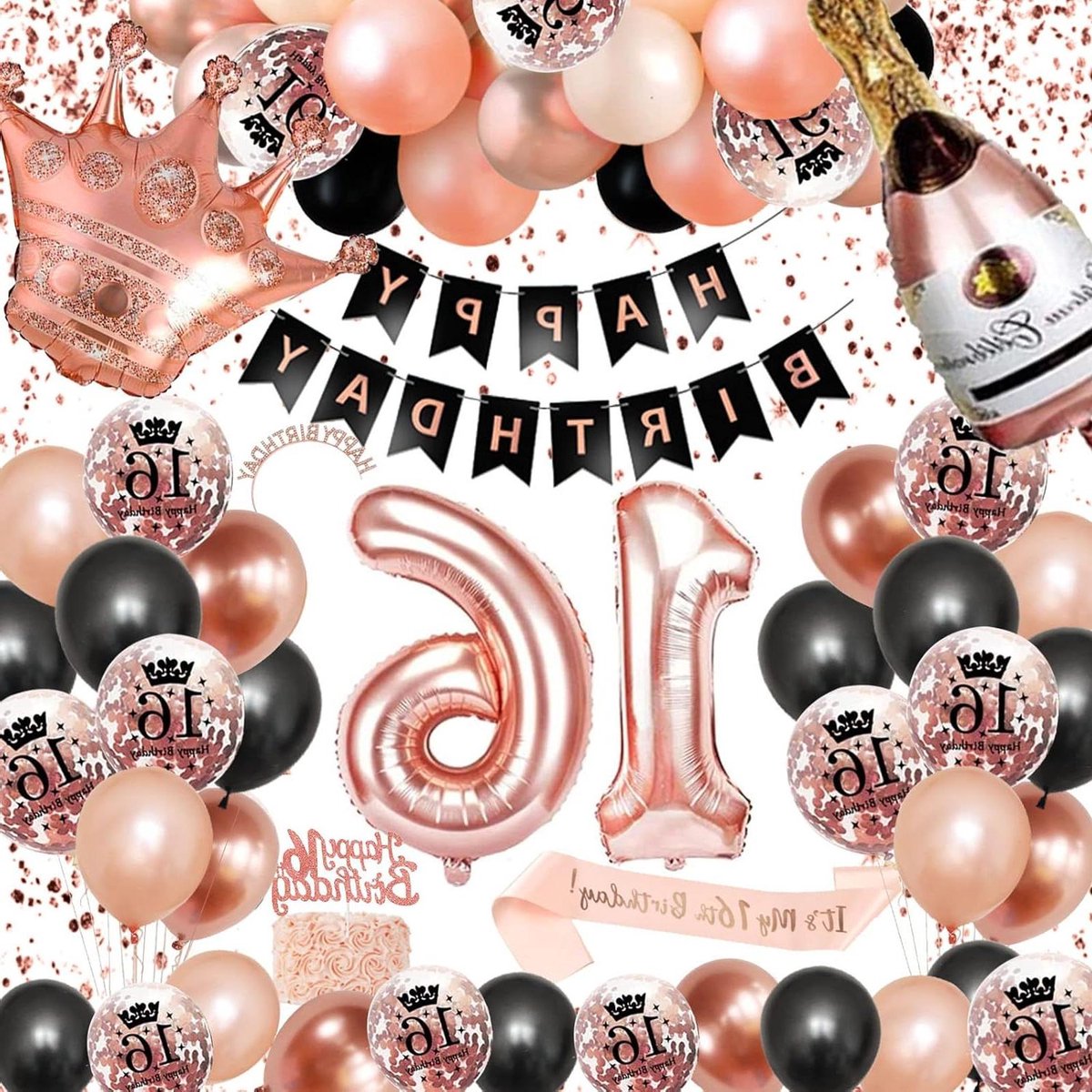Provento - Feestelijke decoratie voor sweet 16 feest, roze en zwart thema, ballonnen, slinger met 'Happy Birthday', confetti ballonnen, meisjesverjaardagviering.
