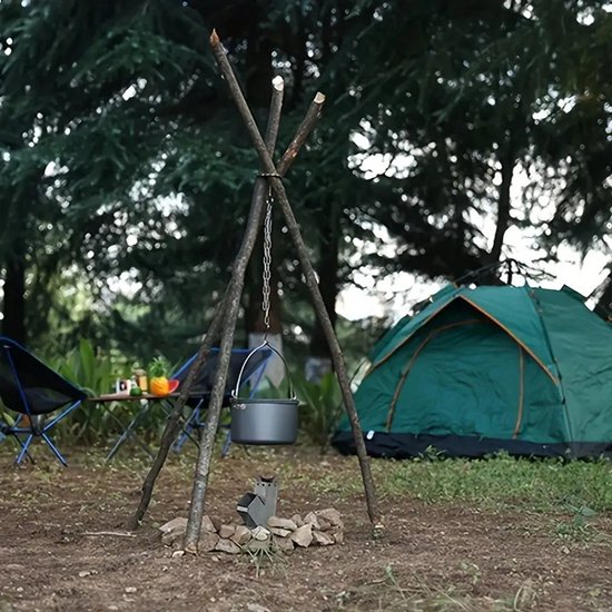 2-stuks Camping statief - Kampvuur statief - Draagbaar kookstatief voor buiten - Roestvrij staal - Met opbergtas - Met ketting - Kampeeruitrusting voor buiten - Geschikt voor kampvuurplaats, ophangen van kookgerei, koken boven open vuur - Zilver — afbeelding 5