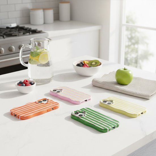 Vijf telefoonhoesjes met strepen in verschillende kleuren op een wit aanrecht.