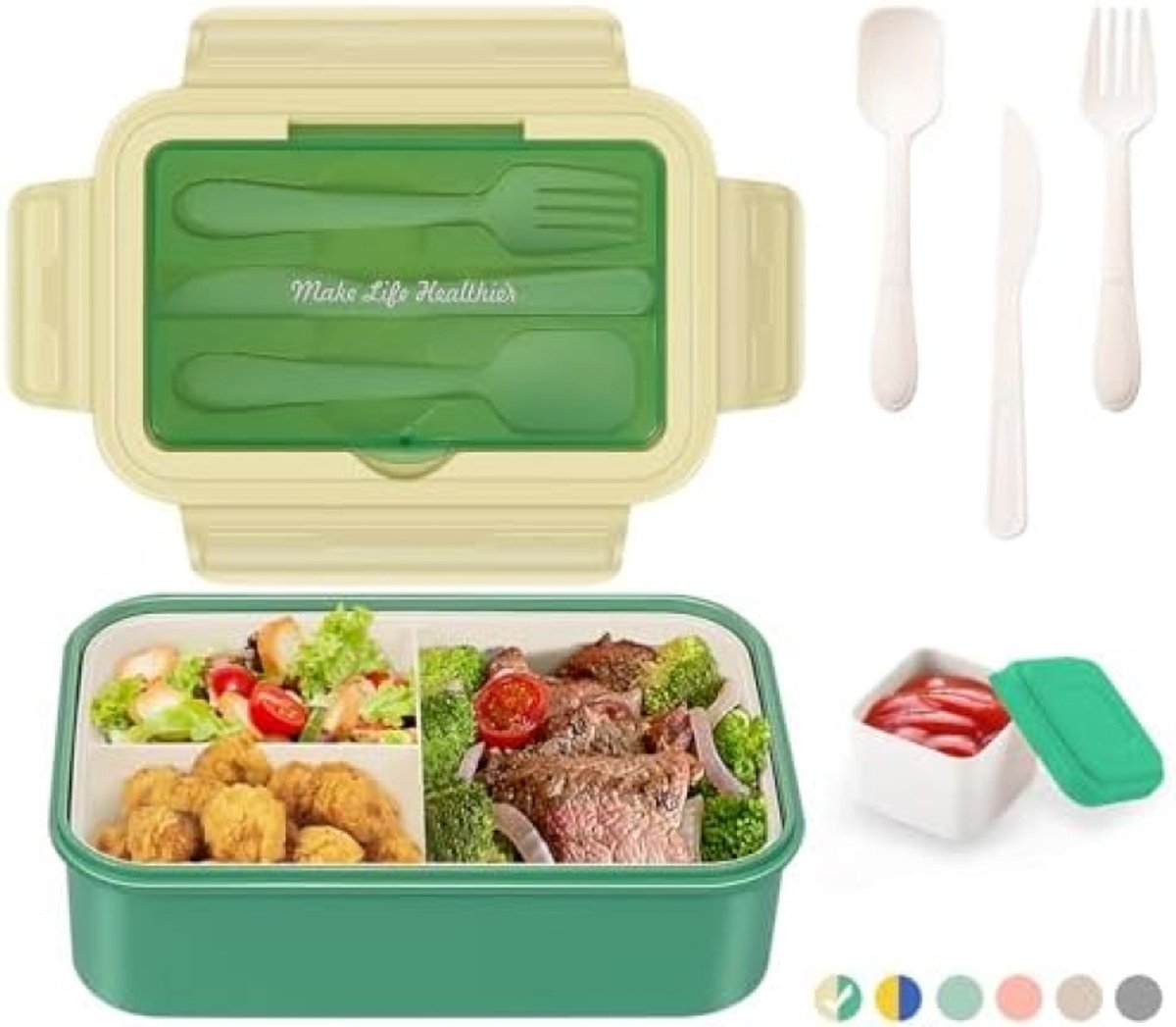 PromoHome 3-vaks lunchbox met bestek - Groen - 1400 ml