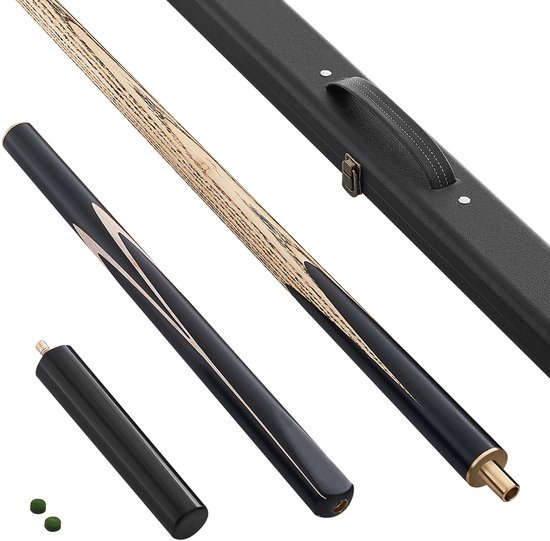 Queue noire avec accents blancs et manche en bois, avec extension et étui de protection.