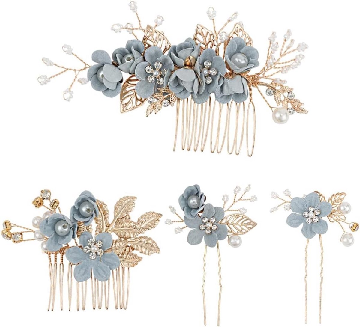 Set van 4 Blauwe Bloem Haarkammen met Strass en Parelmoer – Bruidshaarsieraad