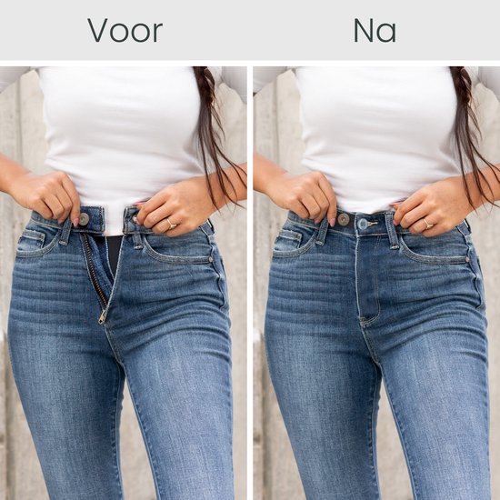 Vergelijking van hoe de broekverkleiner werkt: vóór gebruik met rits en knoop, na gebruik met de verkleiner.
