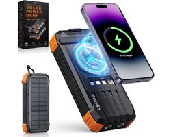 Kochar Solar Powerbank 30000 mAh - Powerbank Zonneenergie - Snellader 22.5W - Draadloos Laden 15W - Handcrank Opladen - Zaklamp - Laser - Kompas - 4 Ingebouwde Kabels - Powerbank voor Noodpakket - Oranje