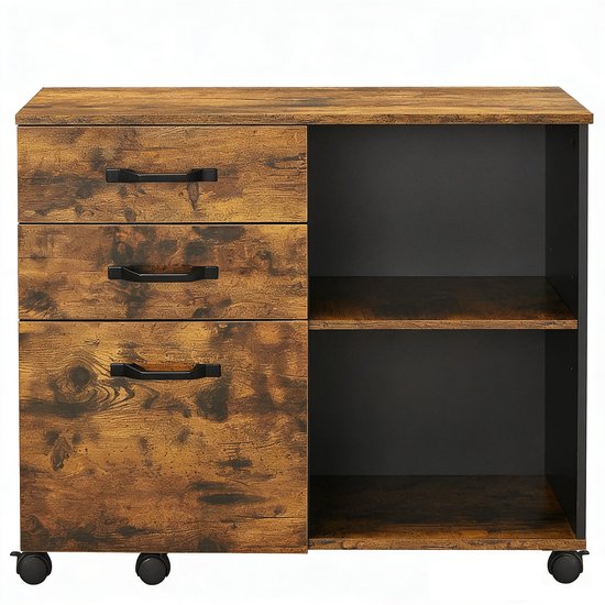 Ladekast met 3 laden aan de linkerkant en 2 open vakken aan de rechterkant, in vintage bruin-zwart design met metalen handgrepen en wieltjes.