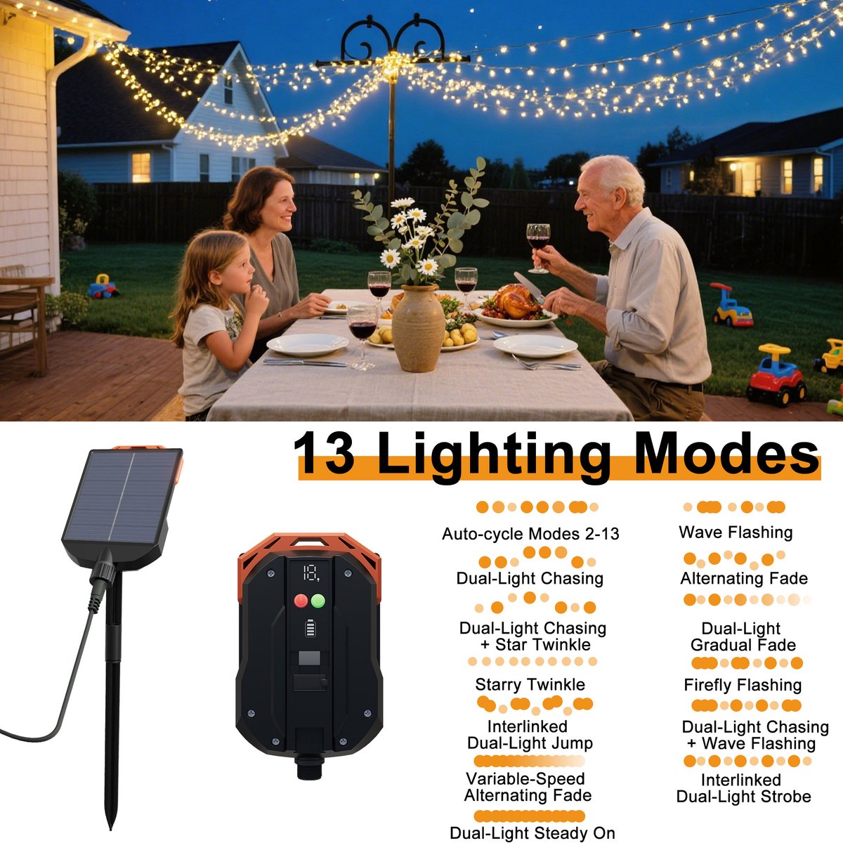 Zonne-energie Lichtslang 300 LED - 13 Lichtmodi, IP44 Waterdicht, Met Afstandsbediening & Zonnepaneel - Voor Tuin, Feesten, Kerst – foto 6