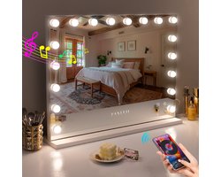 VANITII GLOBAL Grote Hollywood Vanity Spiegel - Intelligente Bluetooth-Verbinding - USB Oplaadbare Poort - Drie LED-Verlichtingsmodi - Tafelblad Wandmontage 80*58CM-10x Vergrootglas WIT