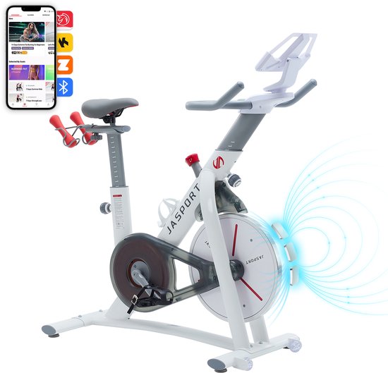 Witte JASPORT spinfiets met tablet, telefoon met trainingsapps en magnetisch remsysteem.