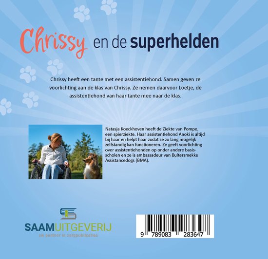 Een vrouw in rolstoel naast een hond, met tekst over Natasja Koekhoven en assistentiehond Anoki.