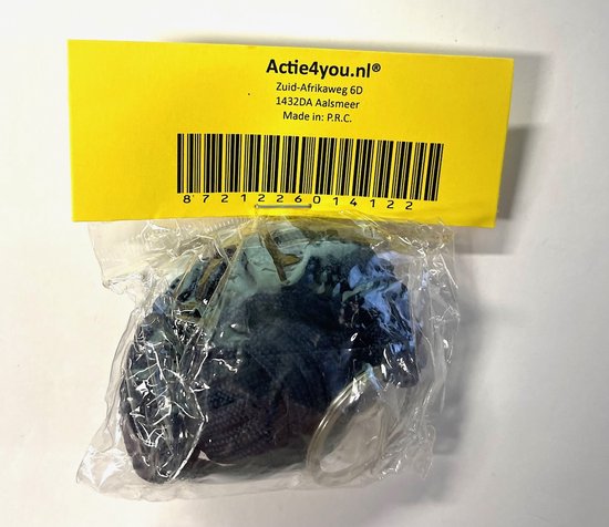 Verpakking van een donkerblauwe paracord sleutelhanger met stalen bal.