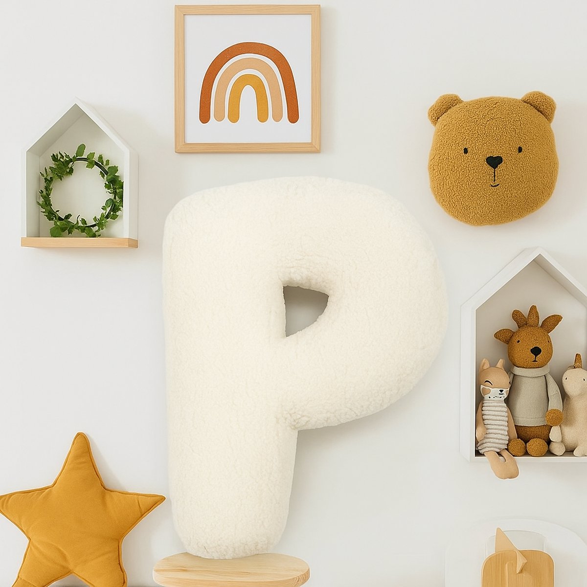 Kraamcadeau Teddy Letterkussen P - Zacht Letter Kussen voor de Babykamer - 40 x 35 cm - Gepersonaliseerd Babycadeau met Naam Letter - Decoratie Kinderkamer